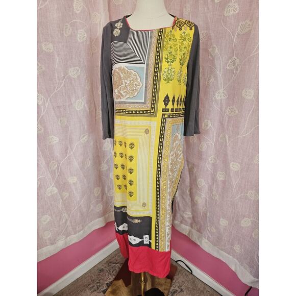 W For Women Multicolor Floral Colorblock Geometric Long Flowy Kurta Dress Sz 10 - Picture 1 of 4